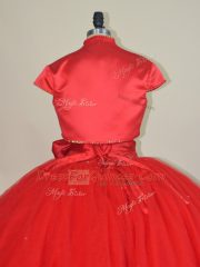 Red Ball Gown Prom Dress Sweet 16 and Quinceanera with Beading and Bowknot Sweetheart Sleeveless Lace Up
