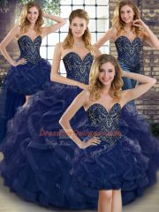 Discount Navy Blue Tulle Lace Up Sweetheart Sleeveless Floor Length Sweet 16 Dress Beading and Ruffles