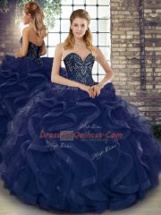 Discount Navy Blue Tulle Lace Up Sweetheart Sleeveless Floor Length Sweet 16 Dress Beading and Ruffles