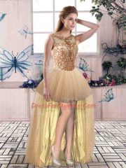 Floor Length Gold 15th Birthday Dress Scoop Sleeveless Lace Up
