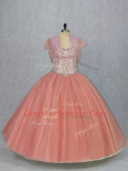 Watermelon Red Sleeveless Beading Floor Length Quinceanera Dresses