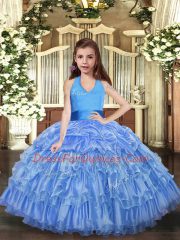 Blue Lace Up Halter Top Ruffled Layers Girls Pageant Dresses Organza Sleeveless