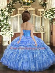 Blue Lace Up Halter Top Ruffled Layers Girls Pageant Dresses Organza Sleeveless