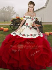 Elegant Sleeveless Floor Length Embroidery and Ruffles Lace Up Sweet 16 Quinceanera Dress with White And Red
