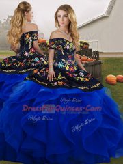 Floor Length Blue And Black 15th Birthday Dress Tulle Sleeveless Embroidery and Ruffles