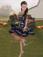 Floor Length Blue And Black 15th Birthday Dress Tulle Sleeveless Embroidery and Ruffles