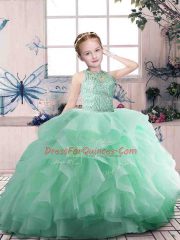 Apple Green Organza Zipper Little Girl Pageant Dress Sleeveless Floor Length Beading and Ruffles
