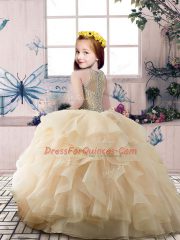 Apple Green Organza Zipper Little Girl Pageant Dress Sleeveless Floor Length Beading and Ruffles