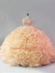 Gold Zipper Scoop Beading and Ruffles 15th Birthday Dress Fabric With Rolling Flowers Sleeveless