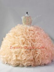 Gold Zipper Scoop Beading and Ruffles 15th Birthday Dress Fabric With Rolling Flowers Sleeveless