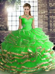 Beautiful Sleeveless Tulle Floor Length Lace Up 15 Quinceanera Dress in Green with Beading and Ruffled Layers
