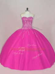 Fuchsia Sleeveless Tulle Lace Up Quinceanera Dress for Sweet 16 and Quinceanera