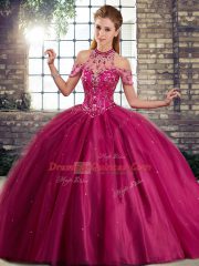Super Lace Up Sweet 16 Quinceanera Dress Fuchsia for Military Ball and Sweet 16 and Quinceanera with Beading Brush Train