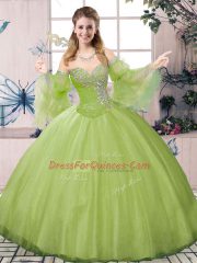 Long Sleeves Floor Length Beading Lace Up Quinceanera Gowns with Olive Green