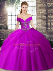 Purple Sweet 16 Dress Military Ball and Sweet 16 and Quinceanera with Beading and Pick Ups Off The Shoulder Sleeveless Brush Train Lace Up
