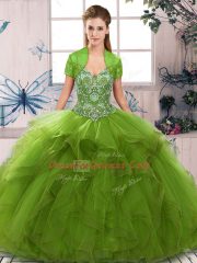 Shining Olive Green Tulle Lace Up 15th Birthday Dress Sleeveless Floor Length Beading and Ruffles