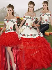 Sleeveless Floor Length Embroidery and Ruffles Lace Up Quinceanera Gowns with White And Red