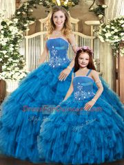 Delicate Floor Length Blue Quinceanera Gowns Tulle Sleeveless Beading and Ruffles