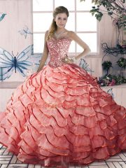Sleeveless Brush Train Lace Up Beading and Ruffled Layers Quince Ball Gowns