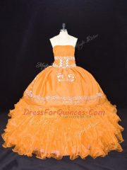 Gold Sleeveless Embroidery and Ruffles Floor Length Ball Gown Prom Dress