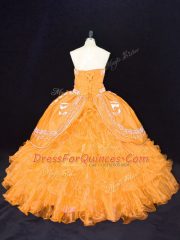 Gold Sleeveless Embroidery and Ruffles Floor Length Ball Gown Prom Dress