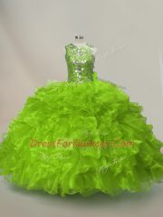 Deluxe Green Ball Gowns Scoop Sleeveless Organza Floor Length Lace Up Ruffles and Sequins Sweet 16 Dresses