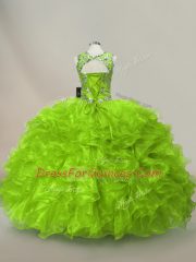 Deluxe Green Ball Gowns Scoop Sleeveless Organza Floor Length Lace Up Ruffles and Sequins Sweet 16 Dresses