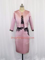 Sexy Mini Length Pink Prom Evening Gown Satin Long Sleeves Lace and Appliques