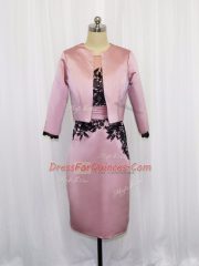 Sexy Mini Length Pink Prom Evening Gown Satin Long Sleeves Lace and Appliques