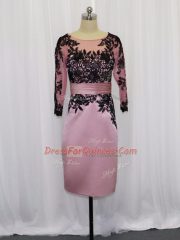 Sexy Mini Length Pink Prom Evening Gown Satin Long Sleeves Lace and Appliques