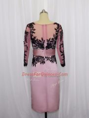 Sexy Mini Length Pink Prom Evening Gown Satin Long Sleeves Lace and Appliques