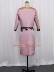 Sexy Mini Length Pink Prom Evening Gown Satin Long Sleeves Lace and Appliques