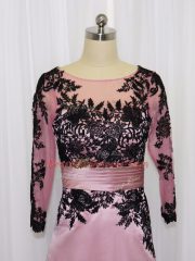Sexy Mini Length Pink Prom Evening Gown Satin Long Sleeves Lace and Appliques