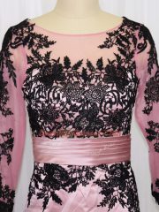 Sexy Mini Length Pink Prom Evening Gown Satin Long Sleeves Lace and Appliques