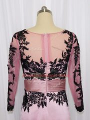 Sexy Mini Length Pink Prom Evening Gown Satin Long Sleeves Lace and Appliques