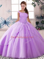 Custom Fit Lavender Ball Gown Prom Dress Off The Shoulder Sleeveless Brush Train Lace Up