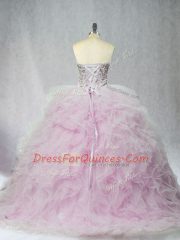 Lilac 15 Quinceanera Dress Sweet 16 and Quinceanera with Beading and Ruffles Sweetheart Sleeveless Brush Train Lace Up