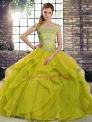 Off The Shoulder Sleeveless Tulle Sweet 16 Quinceanera Dress Beading and Ruffles Brush Train Lace Up