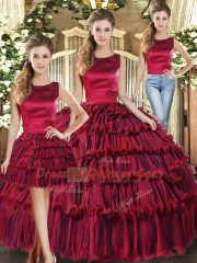 Floor Length Wine Red Sweet 16 Quinceanera Dress Scoop Sleeveless Lace Up