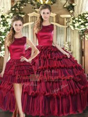 Floor Length Wine Red Sweet 16 Quinceanera Dress Scoop Sleeveless Lace Up