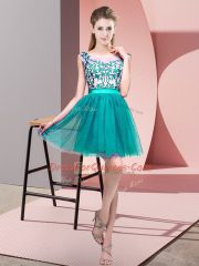 Turquoise A-line Lace Vestidos de Damas Zipper Tulle Sleeveless Mini Length