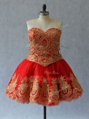 Red Sleeveless Appliques and Embroidery Mini Length Prom Evening Gown