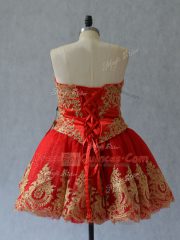 Red Sleeveless Appliques and Embroidery Mini Length Prom Evening Gown