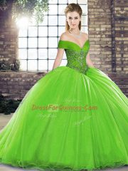 Ball Gowns Organza Off The Shoulder Sleeveless Beading Lace Up Quince Ball Gowns Brush Train