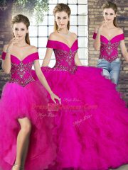 Attractive Tulle Off The Shoulder Sleeveless Lace Up Beading and Ruffles Quince Ball Gowns in Fuchsia