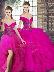 Attractive Tulle Off The Shoulder Sleeveless Lace Up Beading and Ruffles Quince Ball Gowns in Fuchsia