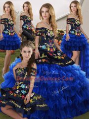 Vintage Blue And Black Lace Up Off The Shoulder Embroidery and Ruffled Layers Quince Ball Gowns Organza Sleeveless