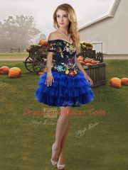 Vintage Blue And Black Lace Up Off The Shoulder Embroidery and Ruffled Layers Quince Ball Gowns Organza Sleeveless