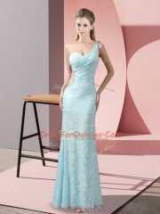 Excellent Light Blue Lace Criss Cross One Shoulder Sleeveless Floor Length Evening Dress Beading and Lace