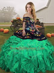 Simple Green Ball Gowns Organza Off The Shoulder Sleeveless Embroidery and Ruffles Floor Length Lace Up Quinceanera Gowns